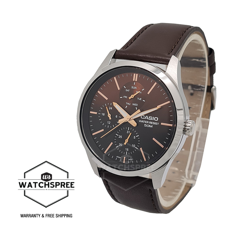 [Watchspree] Casio Men's Analog Multi Hands Brown Leather Strap Watch MTPE330L-5A MTP-E330L-5A