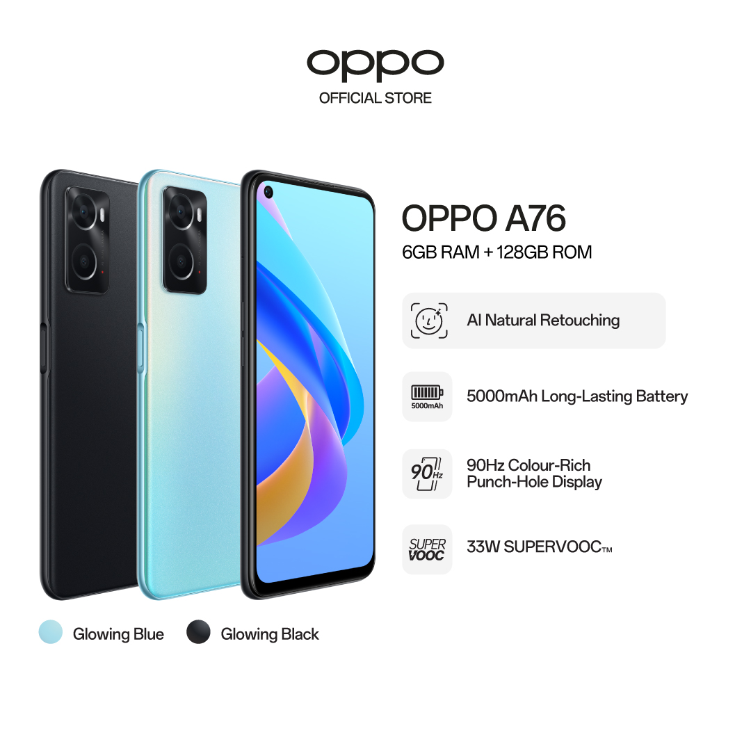 OPPO A76 / Portrait Bokeh Camera/ 90Hz Colour-Rich Punch-Hole Display/5000mAh  Battery/ 6GB RAM + 128 ROM