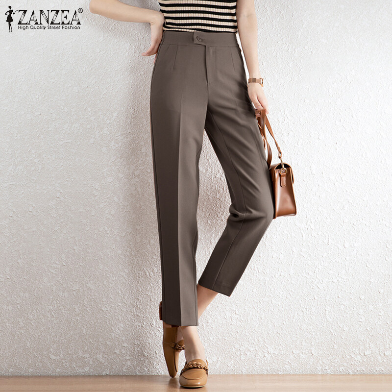 ZANZEA Korean Style Women Office Ladies Pants Casual Elastic Waist Straight Trousers Slacks #10