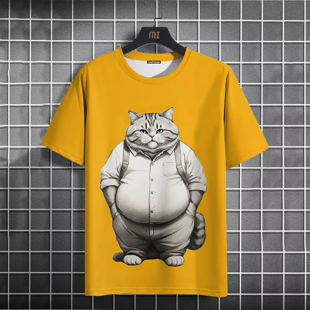 Summer Men's T-Shirt Funny Cat Print Oversized Short Sleeve Man T-Shirt Round Neck Casual Men Women Tee Neutral Clothing 2024