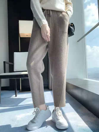 Women's Wool Pencil Pants 100% Merino Wool Warm Trousers Spring Autumn Winter High-Quality Elastic Waist Drawstring Pants ﻿