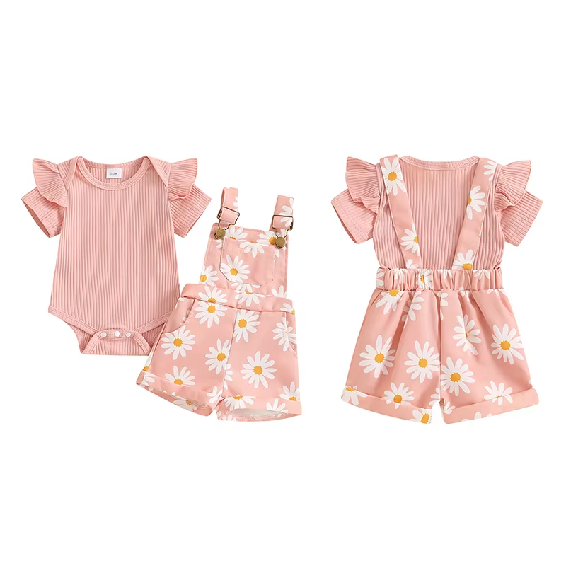 Pudcoco Infant Baby Girls Shorts Set, Short Sleeve Romper with Flower Print Suspender Shorts Summer Outfit 0-18M