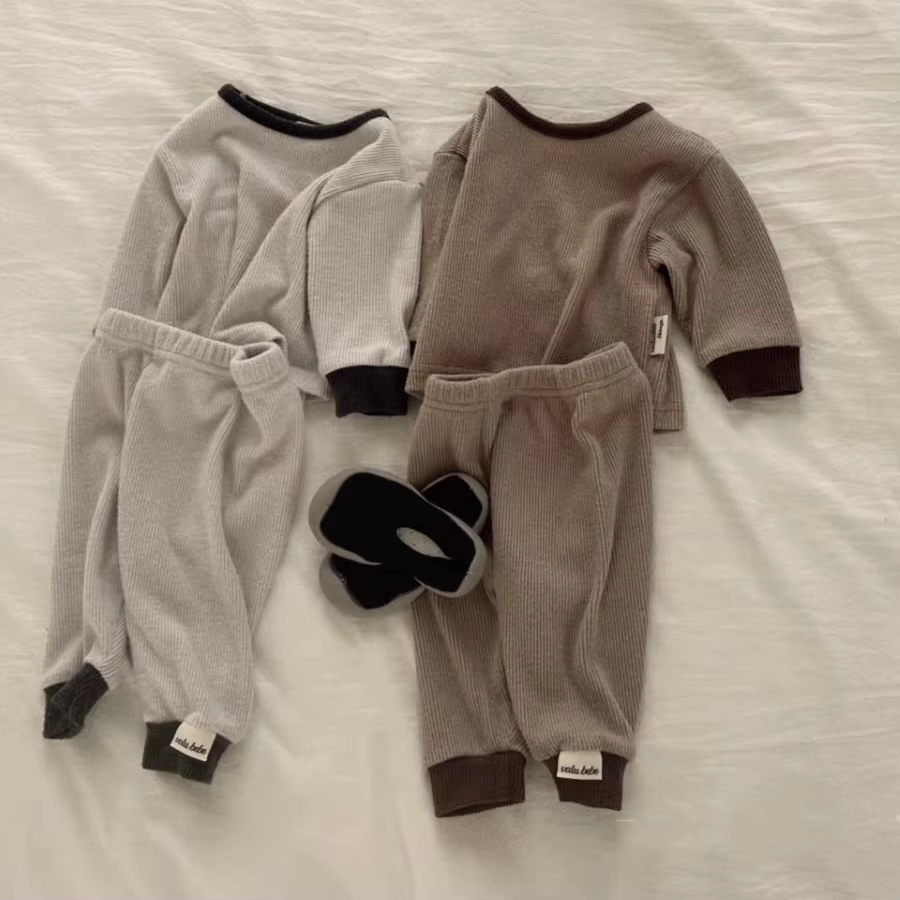 Autumn Winter Children Solid Thicken Long Sleeve Tshirt Suit Boy Baby Cotton Casual Tops+Pants 2pcs Girl Infant Fashion Tees Set