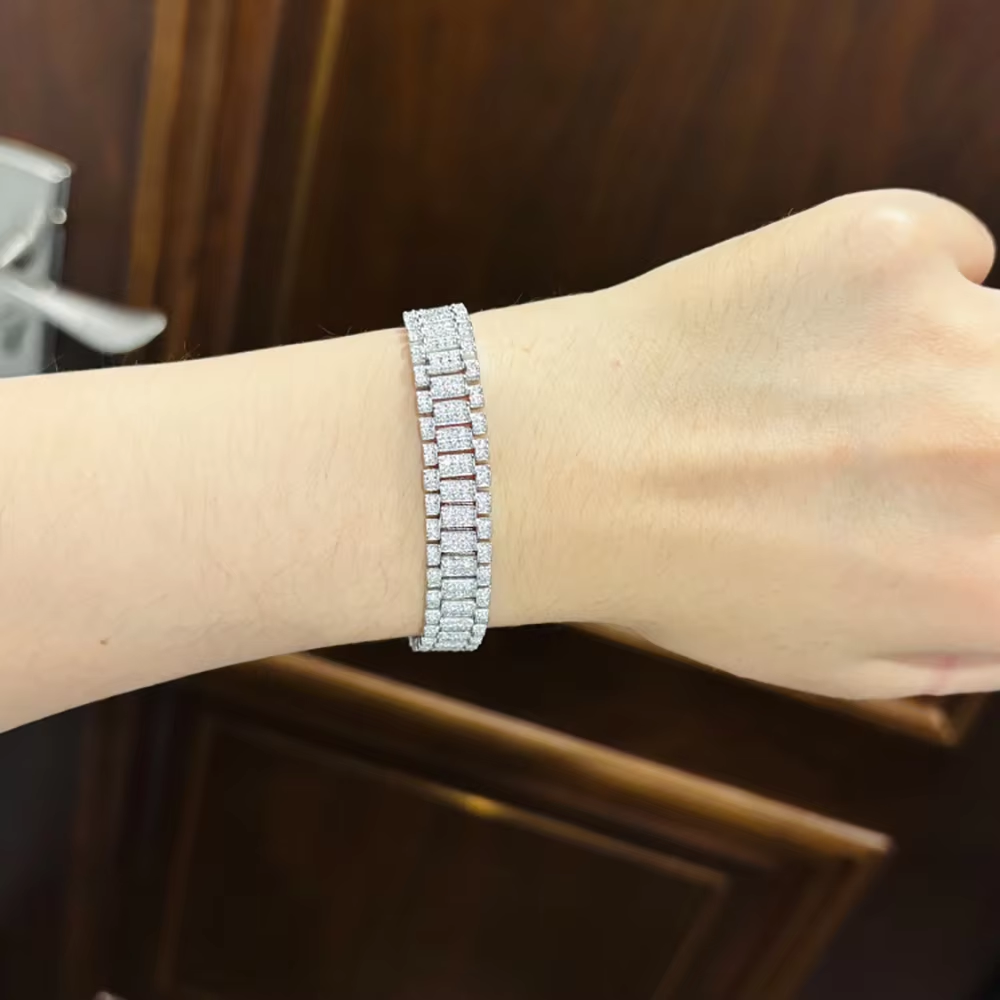 IGOTOS 1.2mm Moissanite Watch Chain Bracelet 925 Sterling Silver Certified Women Men Full Diamond Bangle Fine Jewelry GRA