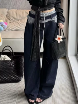 Blue Womens Jeans High Waist Vintage Design Hip Hop Straight Baggy Denim Pants Street Y2K American Style Wide Leg Denim Trouser