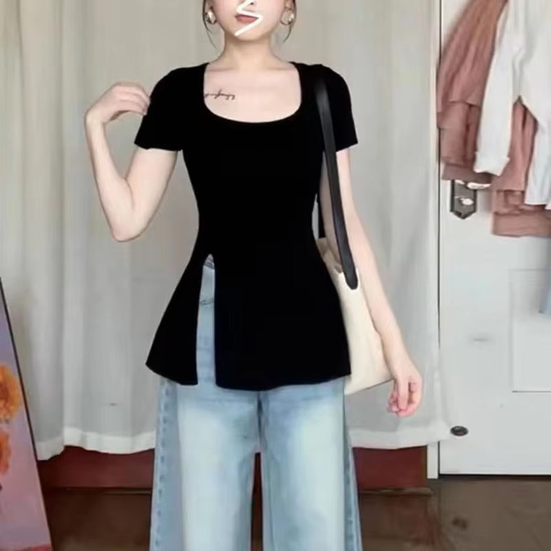 Split Crop Top Women 2025 Summer Solid Y2k T-shirt Korean Style Short Sleeve Tees Tshirts Femme Fashion Clothing Female 2024 New