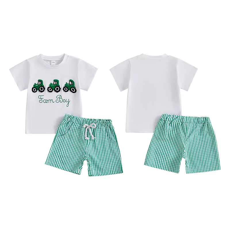 2024-12-13 Lioraitiin Toddler Baby Boys Shorts Set Tractor Embroidery Short Sleeve Round Neck Tops Elastic Waistband Plaid Short