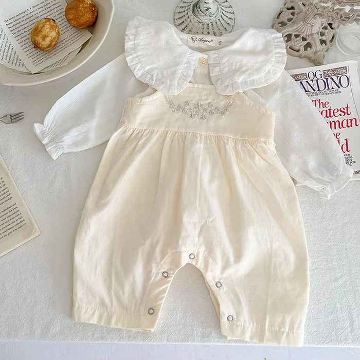 Korean Style Toddler Baby Girl Clothes Set Long Sleeved Cotton Shirt+Floral Embroidery Jumpsuit Spring Autumn Baby Girls Clothes