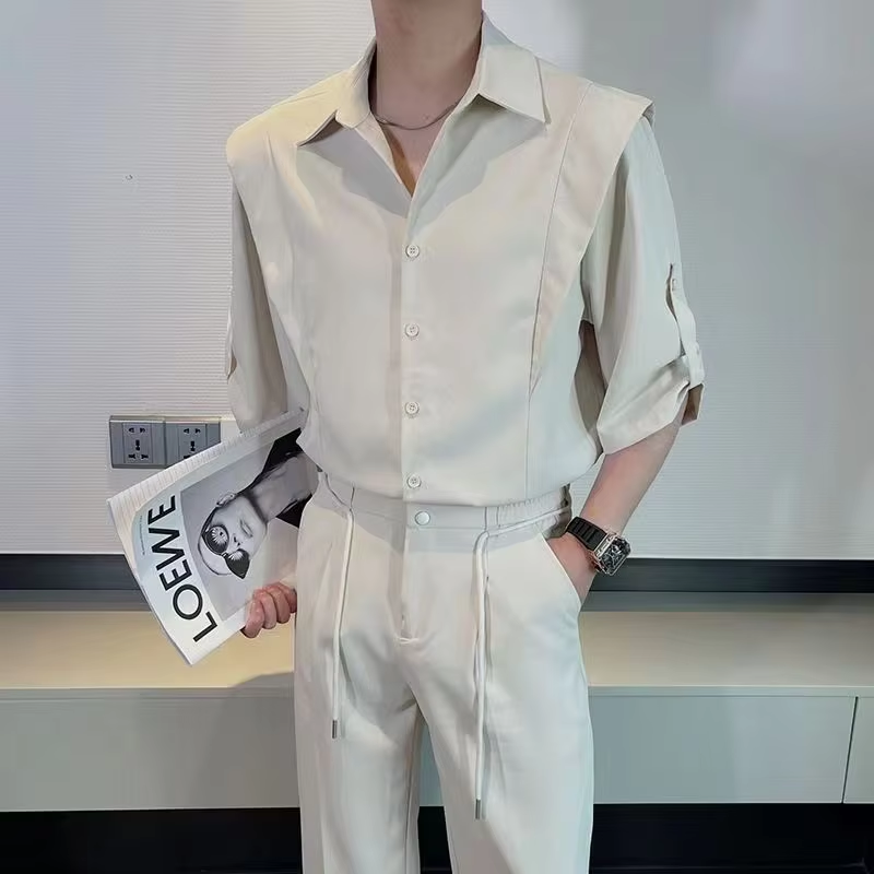 Summer Ice Silk Men's Suits Casual Short Sleeve Shirt And Pants Two-piece Set Ruffled Handsome Draped Korean Style Loose Set