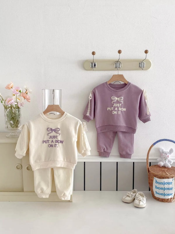 2025 Spring New Baby Long Sleeve Clothes Set Girls Letter Bow Sweatshirt + Pants 2pcs Suit Infant Toddler Casual Sports Outfits