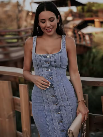 Trendy Women's Button-Down Denim Maxi Dress Washed Blue Spaghetti Strap Bodycon Design For Woman Summer Casual Daily Streetwear