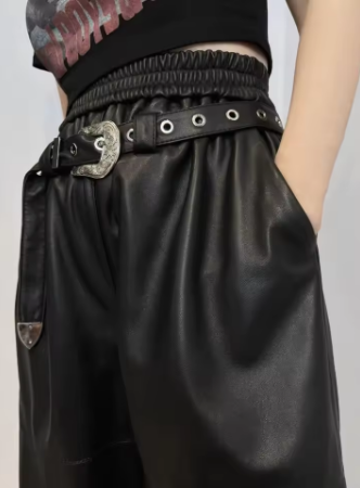 Y2K Cargo Pants Women High Waist Baggy Pants 2024 New Korean Fashion Wide Leg Genuine Leather Trousers Streetwear Loose Style