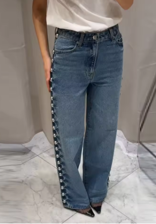 Y2k Sreet Pearl Women's Jeans Low Waist Loose Wide Leg Denim Pants Female 2025 Spring Summer Chic Retro Baggy Lady Trousers