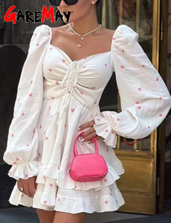 Vintage Puff Long Sleeve White Dress for Women Elegant Square Collar Women's Dress 2025 Spring Summer Cotton Short Dress