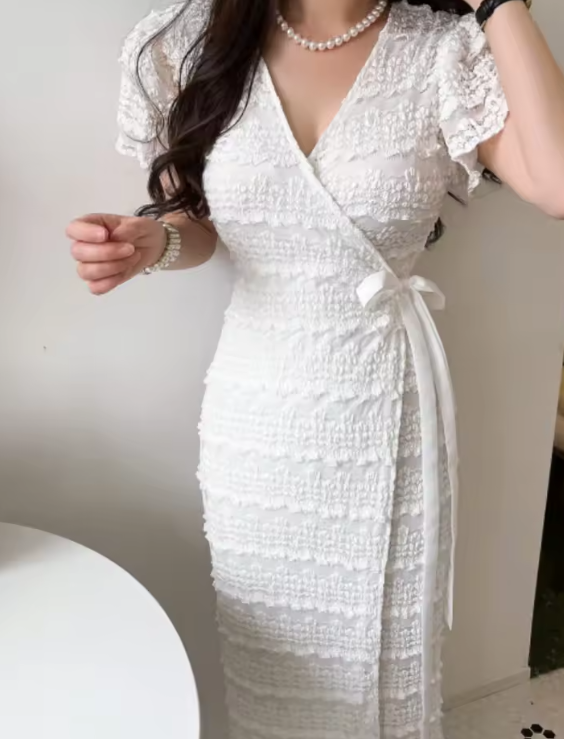 Women Elegant Bodycon Dress Summer Sexy V-neck Short Sleeve Korean Long Dresses Ladies Vintage Solid White Black Long Robe