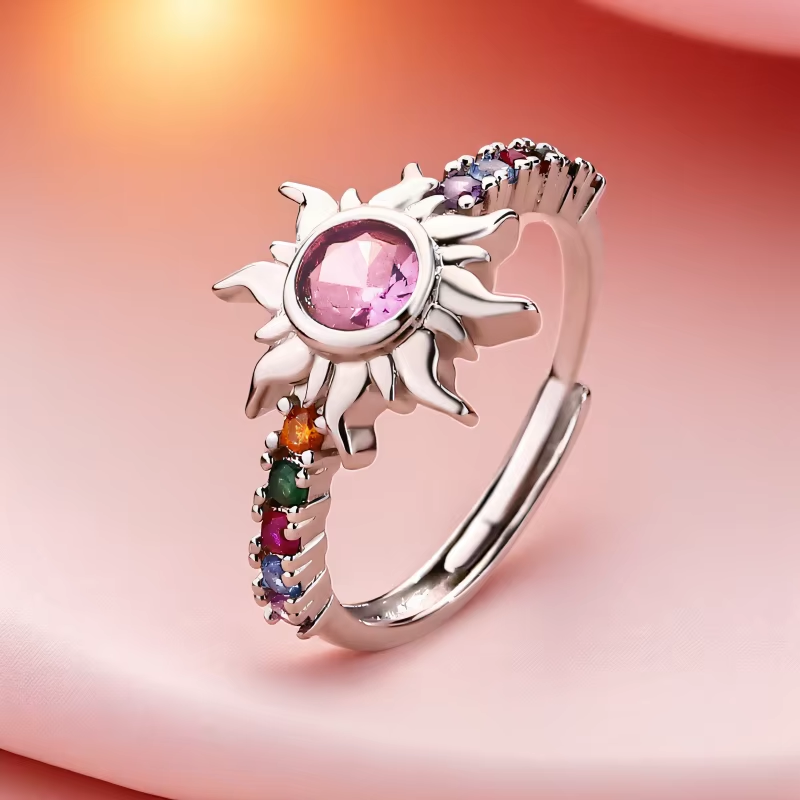 Stylish Pink White Sun Rings For Women Antique Gold Silver Color Female Zircon Adjustable Wedding Bands Colorful Jewelry