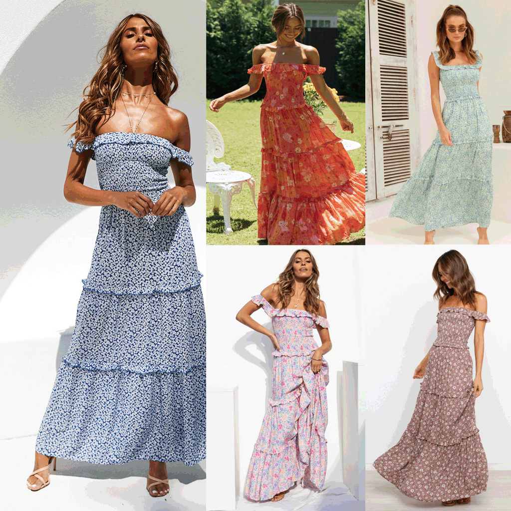 Bohemian Flowers Print Off Shoulder Long Dresses Women Fresh And Sweet Vacation Style Dress Fashion Beach Party Vestidos Female