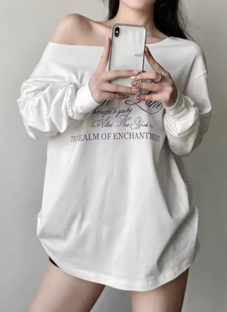 Y2k Aesthetic Casual Off Shoulder T-shirt Loose Letter Printing Harajuku Tshirts Grunge Vintage Streetwear Oversized Tee Shirts