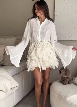 Urban Shirt Skirt Women Outfit O-neck Long Sleeve Button Shirts Cascading Ruffle Zippers Skirts 2025 Spring Summer Lady Set