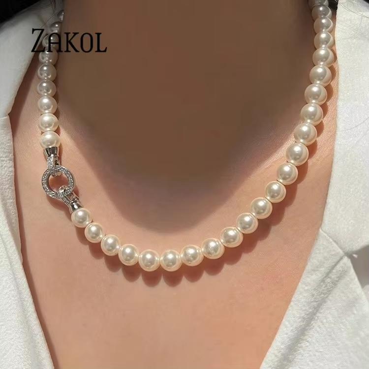 ZAKOL Simple White Pearl Bracelet Necklace Sets For Women Exquisite Luxury Wedding Romantic Party Beaded Chain Jewelry