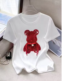 Buckle Pink Bear Beading T-shirt Heavy Handmade Diomand Shiny Bowknot Embroidery T Shirt Summer Tees Top Accessories Clothes