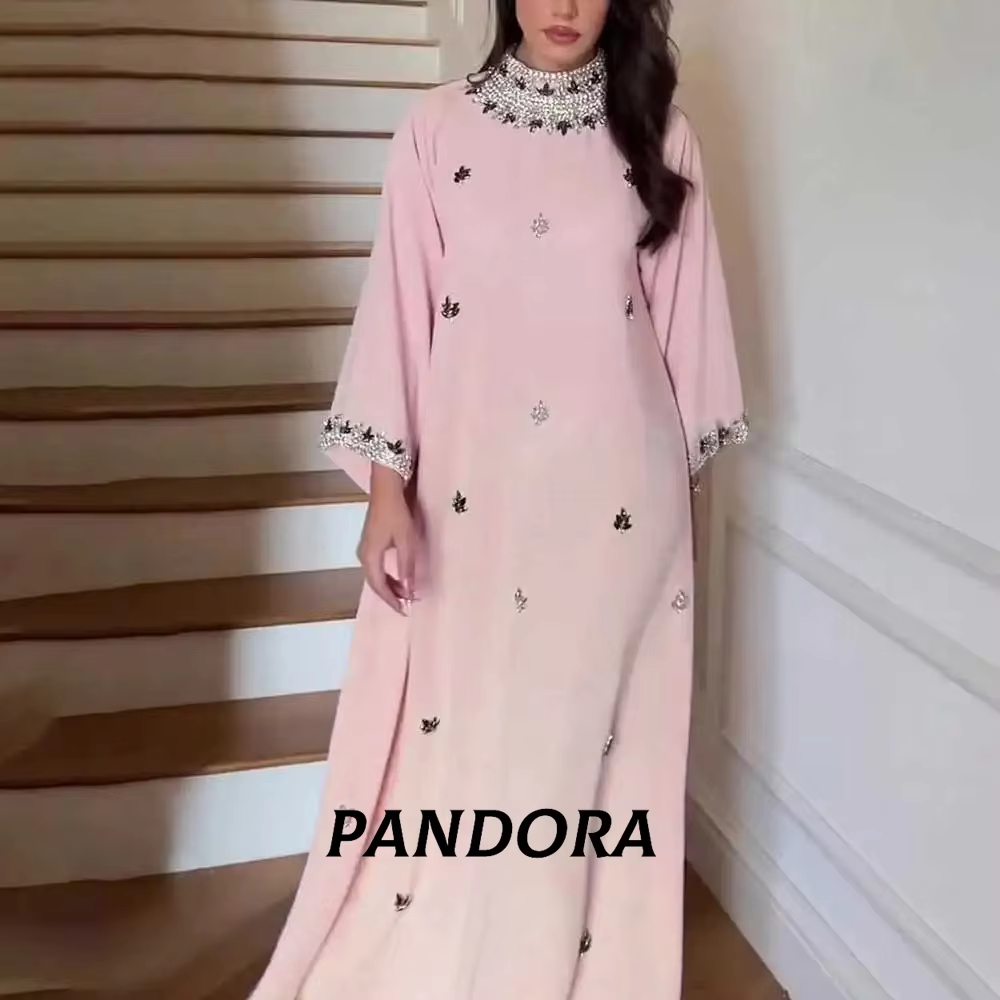 Pan High Neck Women's formal evening dress ankle-length A Line Crystal Arabian birthday wedding party Dres Long Sleeveprom dress