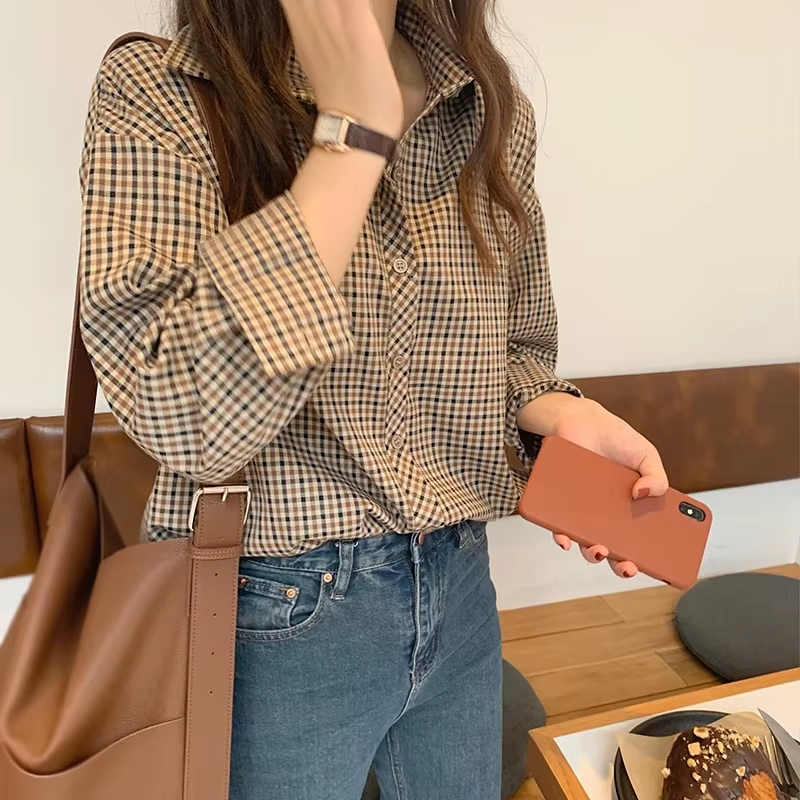 Women's Spring Autumn Chic Plaid Shirt New French Style Retro Elegant Social Long Sleeved Layered Shirt Y2k Vintage Top