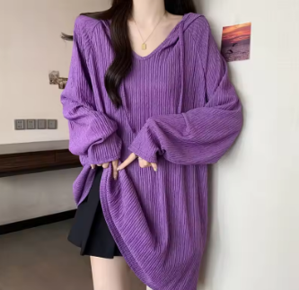 Women Trendy Simple Casual Oversize Hooded T-shirt Korean Solid V Neck Long Sleeve Tees Textured Chic Tunic Tops Female Clothing