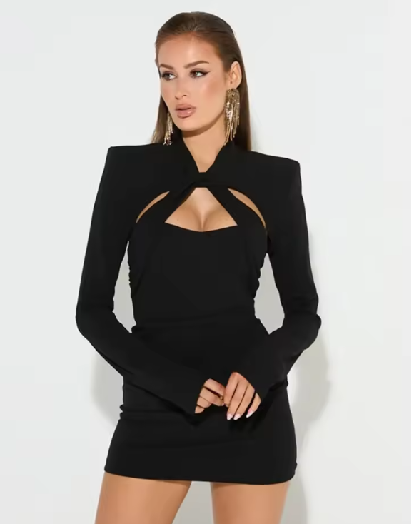 Fashion Tie Knot Shoulder Pads Short Dress Women's Hollow Out Long Sleeve High Waist Tunics Solid Black Party Dresses Streetwear