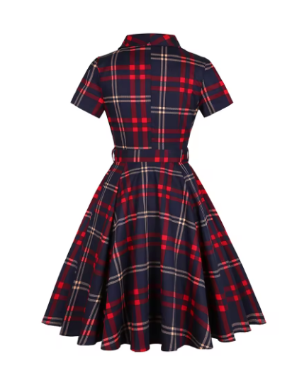 Spring Summer Retro Vintage Women Dress Plaid Printed England Style Large Size Shirt Sundress 50s 60s Pinup Swing Casual Dresses