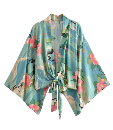 Vintage Floral Print Sashes Short Kimono Beach Two Pieces Sets Women Bohemian Outfits Boho Bikini Cover-ups Swimsuit