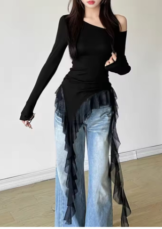 Women Y2k Aesthetic Irregular Gauze Patchwork Autumn Tees 2025 Skew Collar Harajuku Vintage T-shirts Solid Slim Fit Grunge Tops