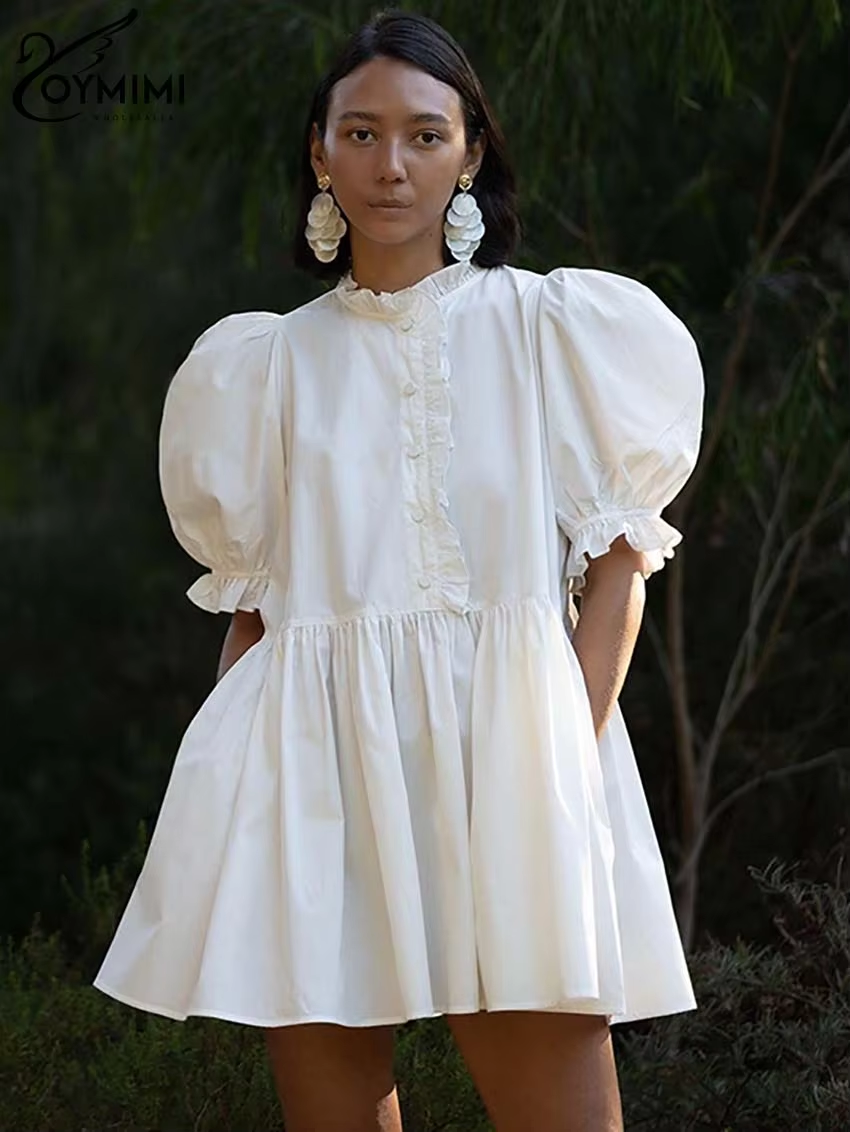 Oymimi Elegant White Loose Dresses For Women Fashion O-Neck Short Sleeve Button Dresses Casual High Waist Pleated Mini Dress