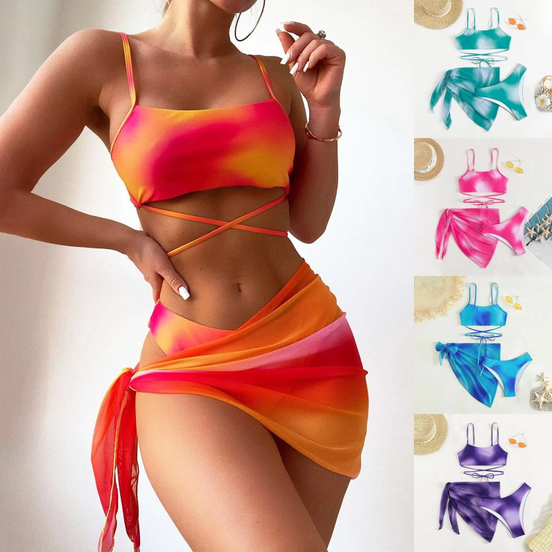 2024 new tie-dye Lace up Split Swimsuit Beach Bikinis Set Sexy Backless top Hipster Bottom and Cover Up dress 3 Pieces Swimsuit