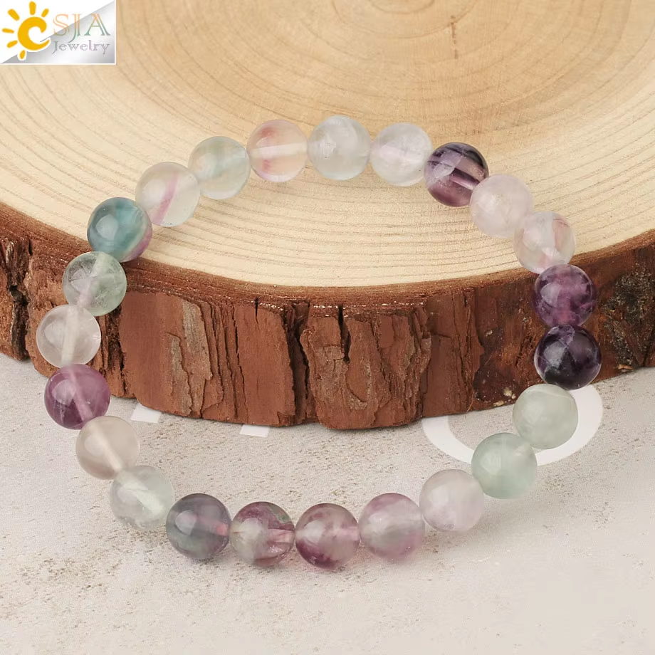 CSJA Real Natural Stone Stretch Bracelet 8mm Fluorite Beads Crystal Bracelets Bangles Women Fashion 2021 Rainbow Pulseras G613
