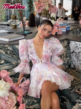 Pink Printed Chiffon Short Dress Women Fashion Flower Half Puff Sleeve V Neck Layered Vestidos High Waist A Line New Short Robes