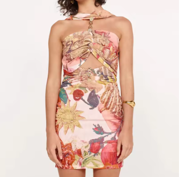 Elegant Halter Hollow Club Party Dress Women Sexy Sleeveless Backless Draped Mini Dress Fashion Pattern Printed Slim Short Dress