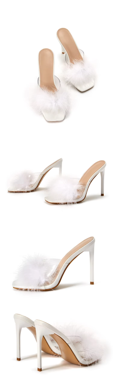 Women Rabbit White Fur Clear Peep Toe Slippers Square Toe Stilettos Slides High Heels Sandals Transparent PVC Mules Party Shoes