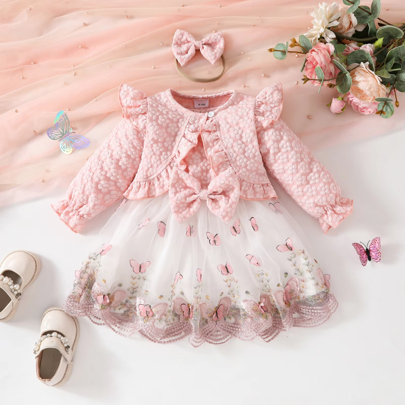 Baby Girl Dresses with Coat Sets Long Sleeved Ruffled Cute Cate Lace Butterfly Sleeveless Dress for Girls Children Clothes