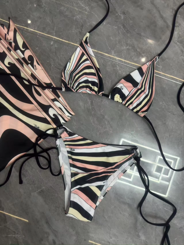 2025 Striped Bikini Scarf Three-Piece Beachwear Set Sarong Swimsuit Thong Bathing Suit - Swimwear Accessory