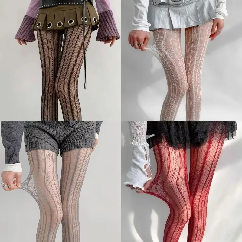 Women Sexy Lace Fishnet Pantyhose Lolita Style Hollow Out Design Red Silk Stockings JK High Waist Striped Tights Christmas Gifts