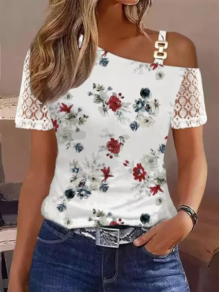 Blusas Para Mujer Women Summer Tops Fashion Sexy Lace Stitching Short Sleeve One Shoulder Buckle Loose Shirts Female Camisas