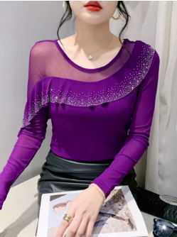 Spring Autumn Ringstones Ruffles Long Sleeve Mesh T-shirt Tee New Female Round Collar Sheath Tops T-shirts for women